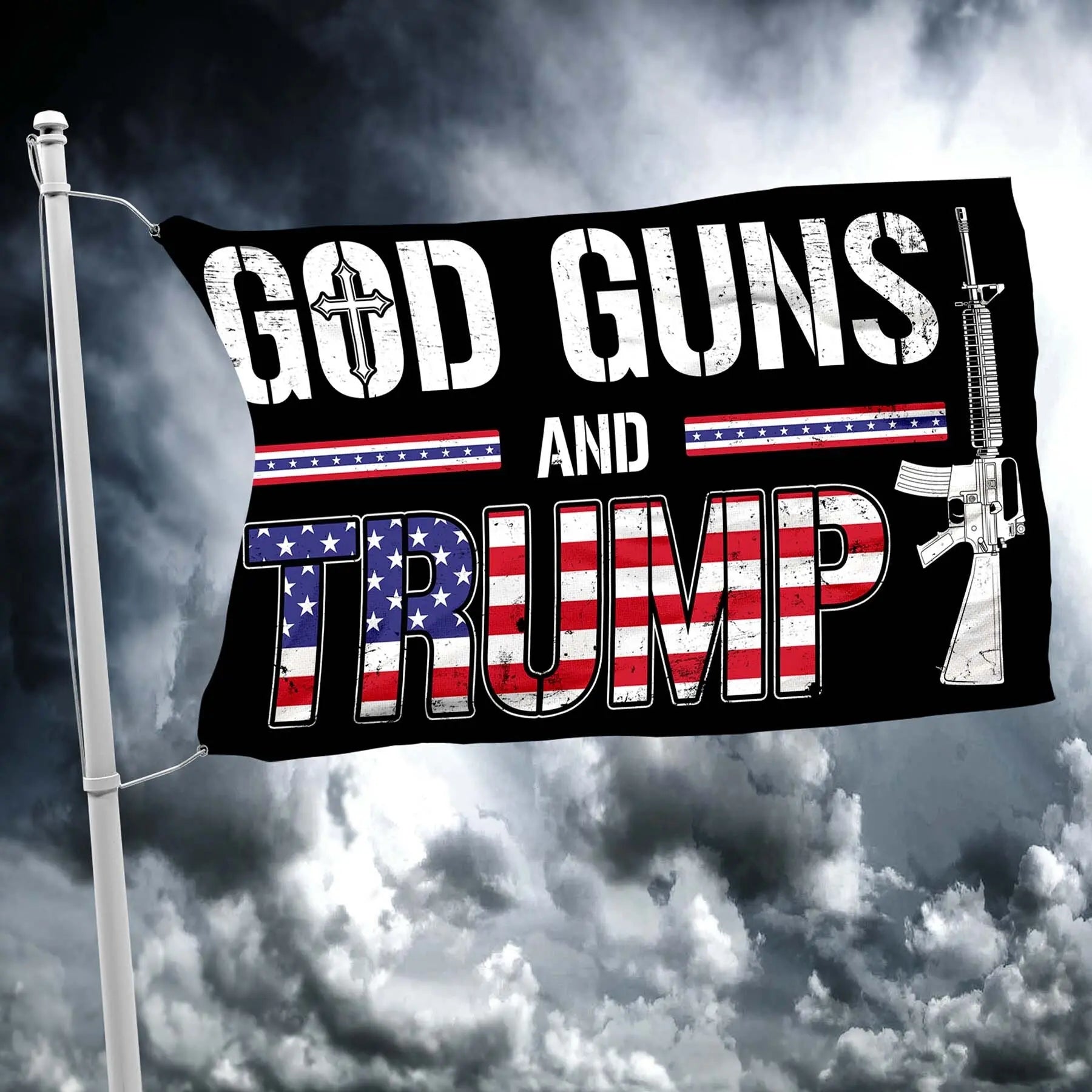 God Guns Trump Cross and Rifle Flag - 1046 I Love My Freedom