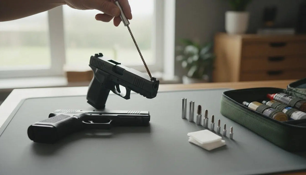 New gun owner cleaning a handgun at a workbench with a cleaning rod, brushes and an open universal gun cleaning kit