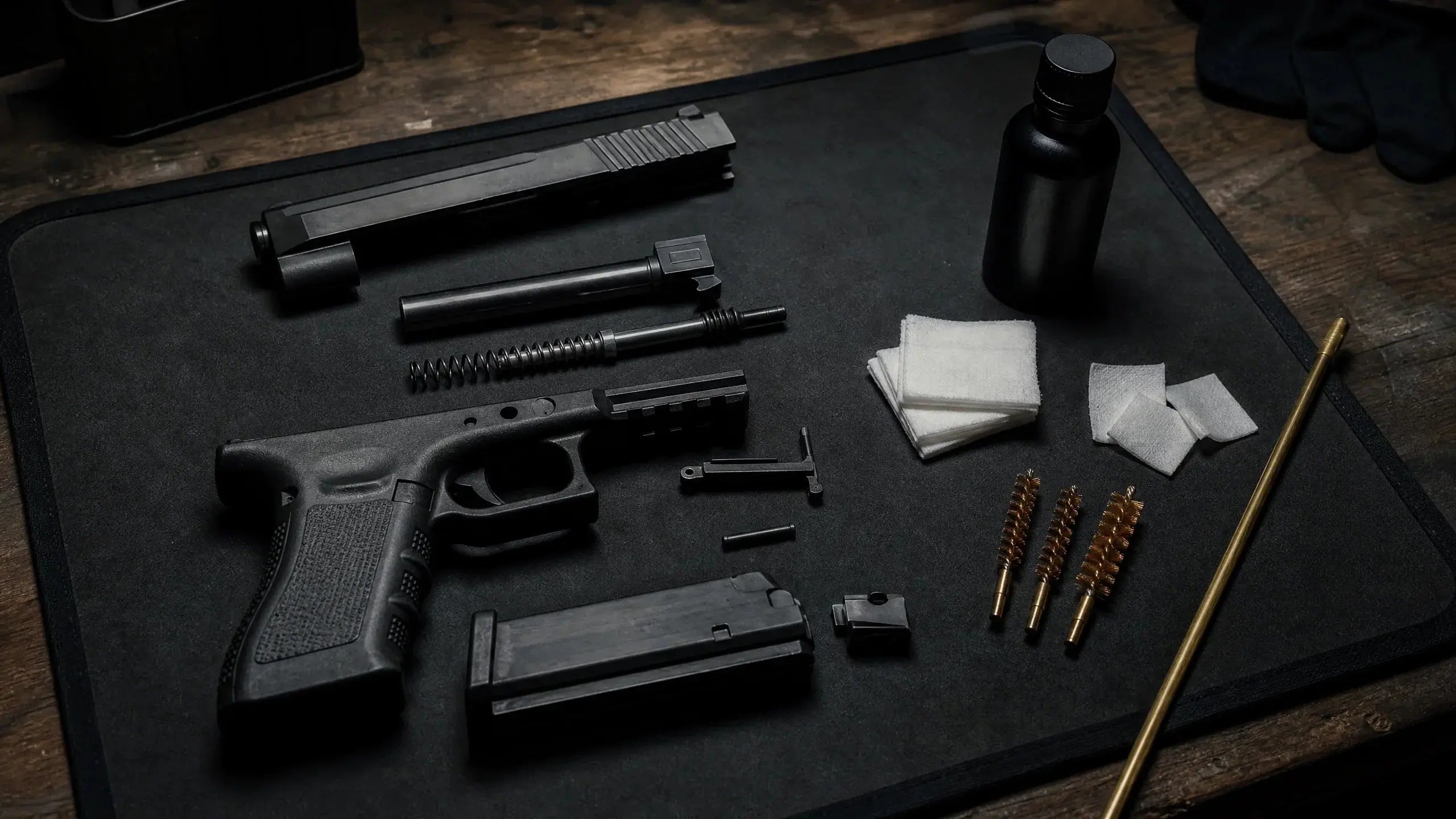 9mm pistol with cleaning tools on dark workbench