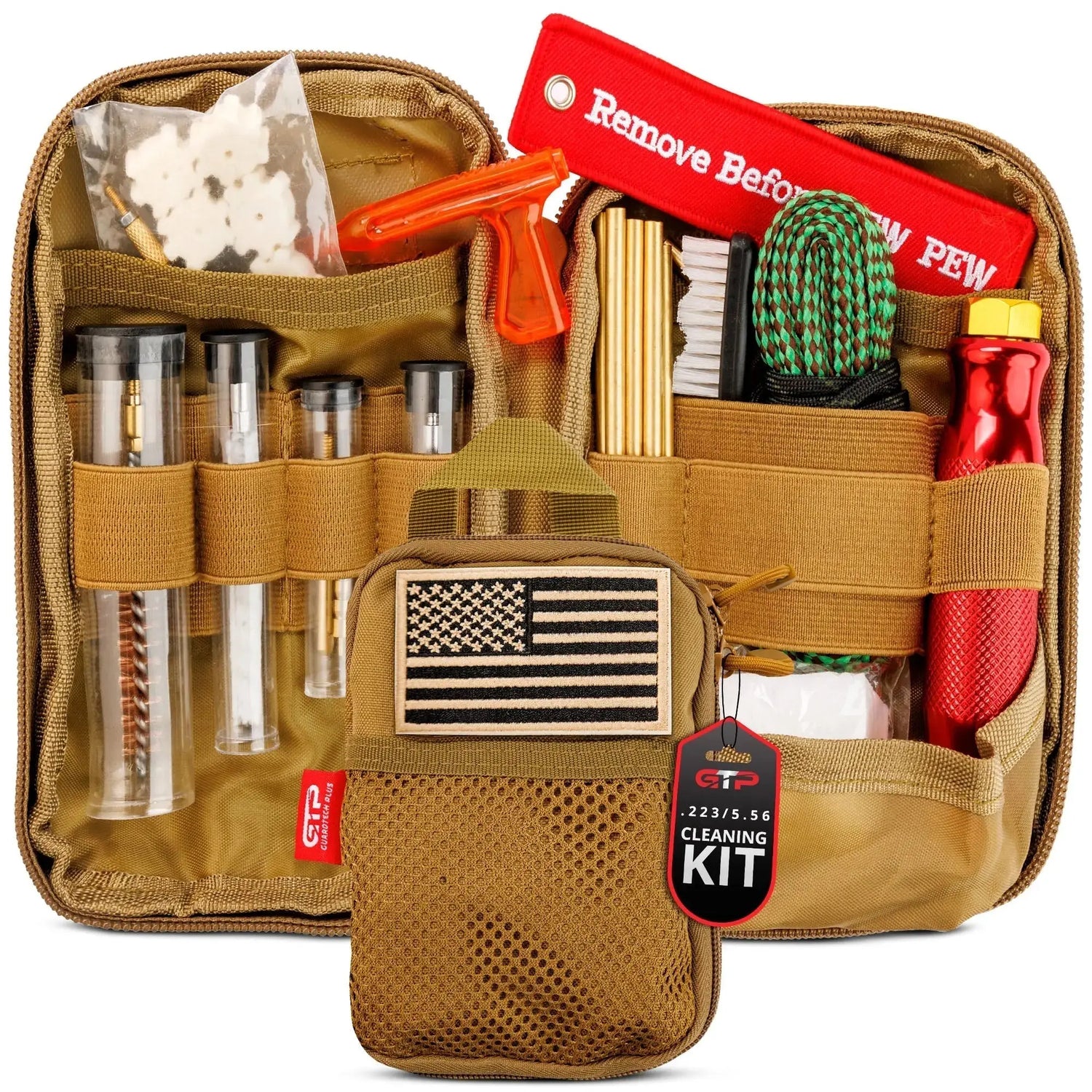 AR-15 cleaning kit tools beside an unloaded rifle on a clean workbench