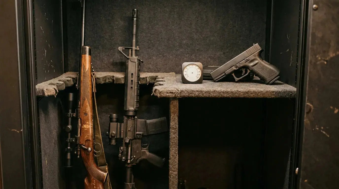 Rifles stored upright in a gun safe with a humidity-control setup to prevent rust