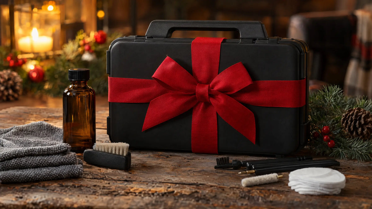 Best gun cleaning kit for Christmas wrapped with a red ribbon on a rustic wooden table