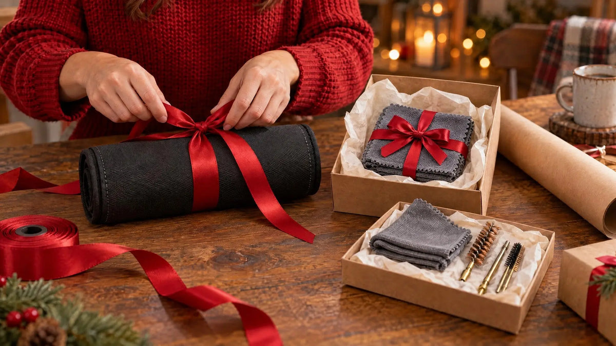 Gun accessory gift ideas under $50, a woman wrapping a cleaning mat beside hearing protection, cleaning cloths, and brass brushes.
