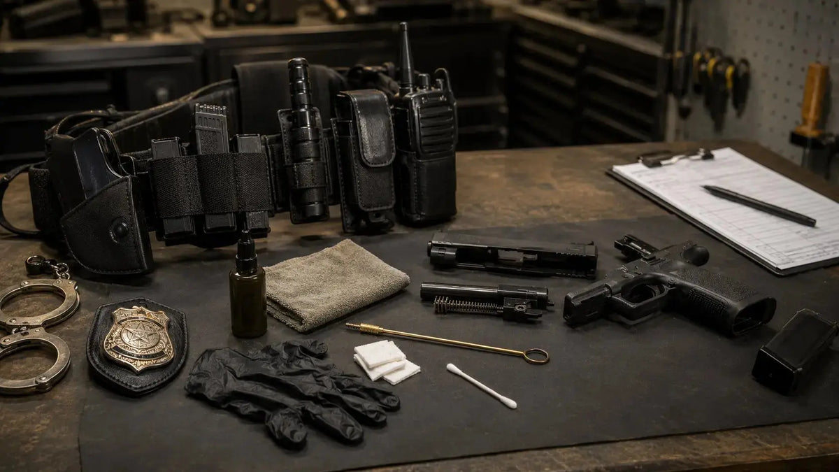 Law enforcement officer cleaning a duty pistol with firearm maintenance tools