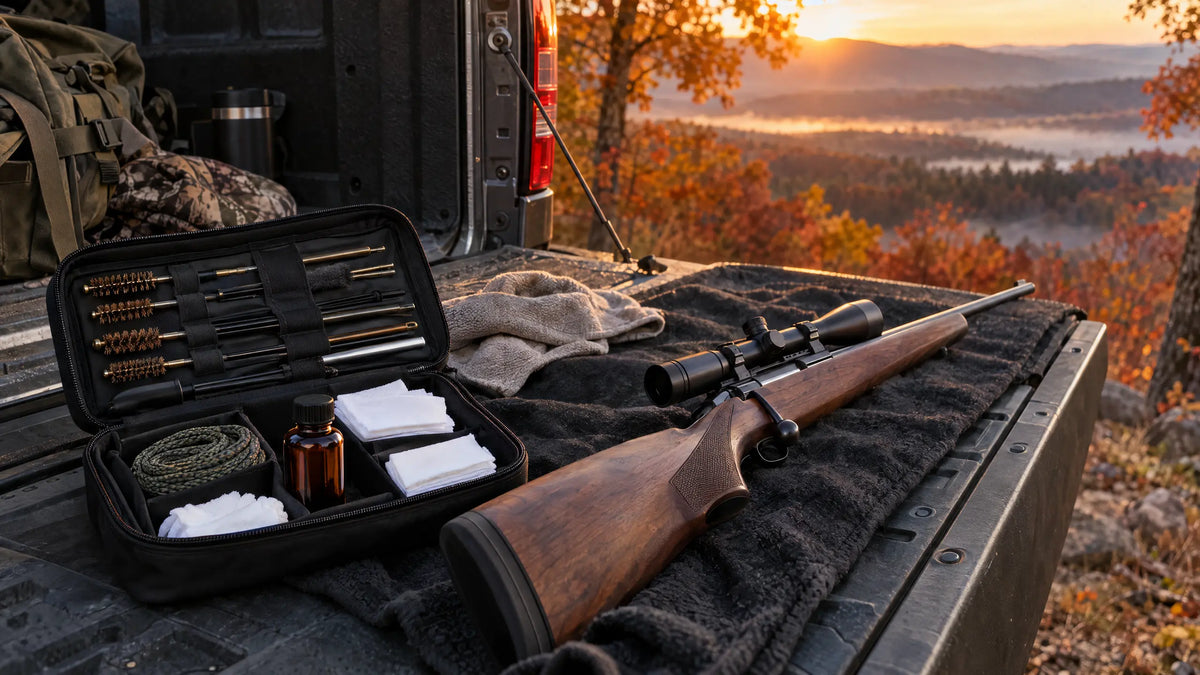Best gun cleaning kit for hunters laid out in a compact case on a truck tailgate at sunrise