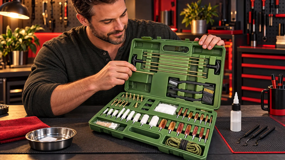 Gun cleaning sets header showing a GuardTech green hard case with rods, brushes, and patches on a home workbench