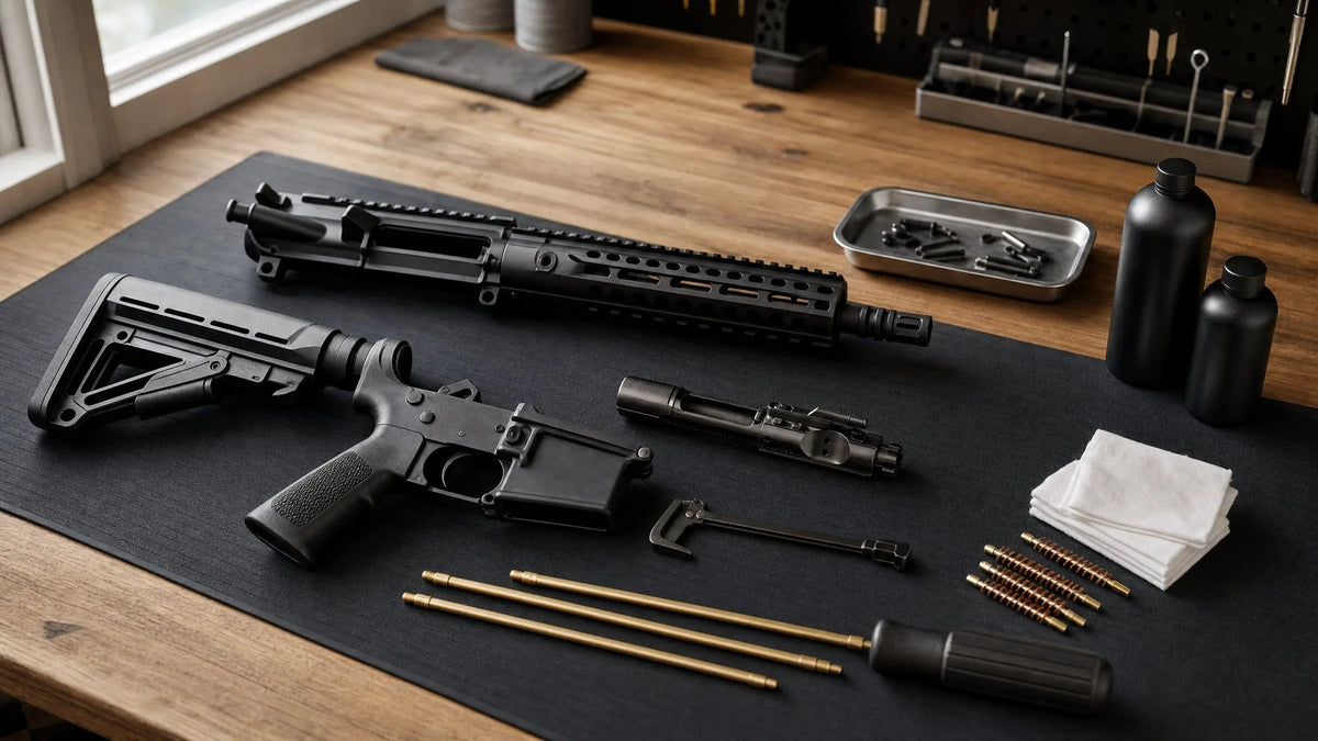Field-stripped rifle on a bench showing ar-15 reliability upgrades through careful cleaning