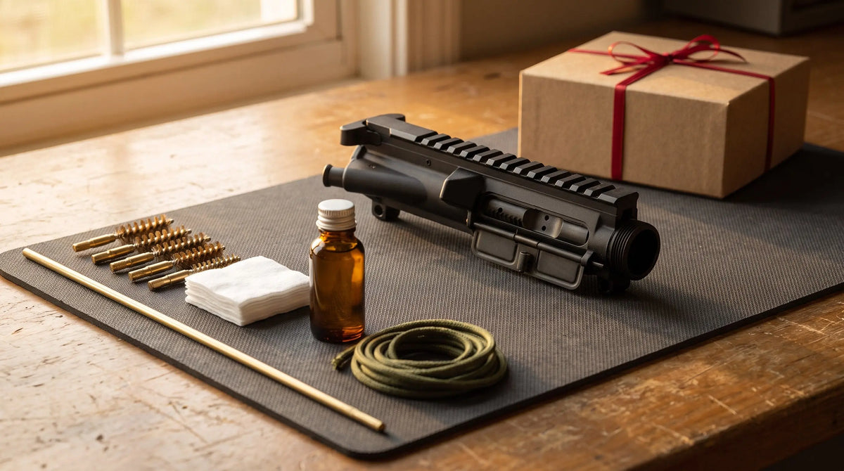AR-15 upper receiver on a bench mat with a long brass cleaning rod, bore brushes, patches, lubricant and a small kraft gift box with red ribbon