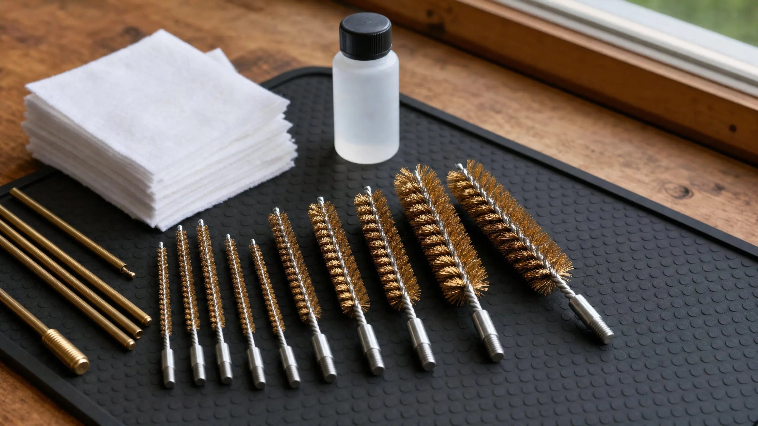 Close-up of the best bore brushes on a workbench