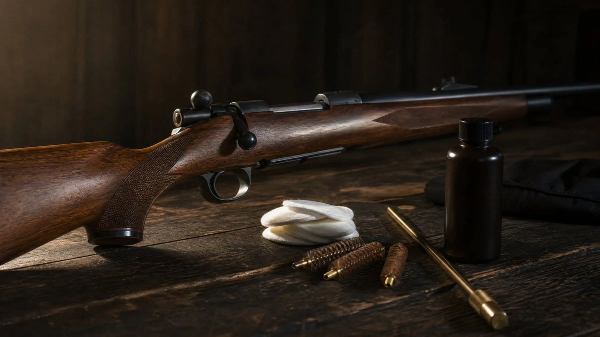 bolt-action rifle with cleaning tools on a wooden workbench