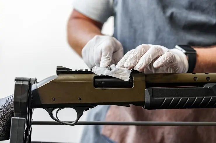 Person wiping a firearm with a cleaning cloth