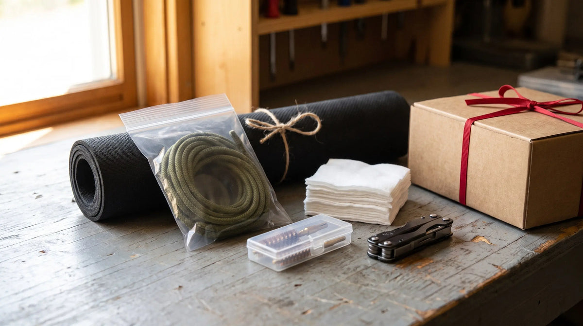 Affordable gun care gift bundle on a workbench with a rolled cleaning mat, bore cleaning rope, brushes, patches and a small kraft gift box with red ribbon