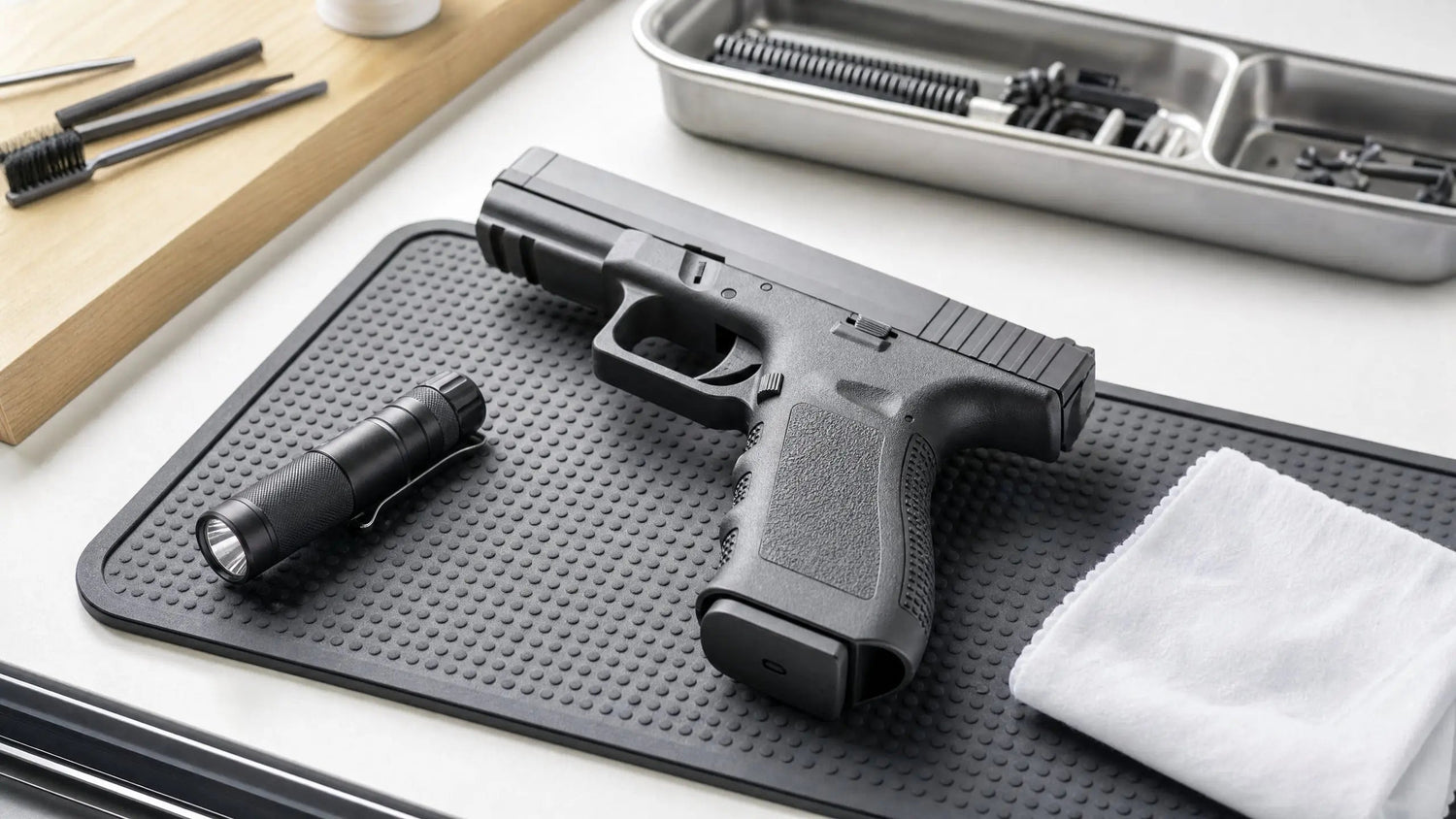 Home firearms components inspection on a clean bench with good light