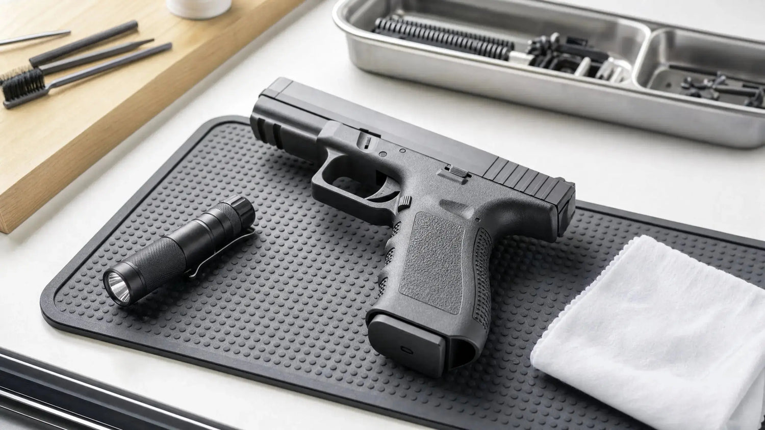 Home firearms components inspection on a clean bench with good light