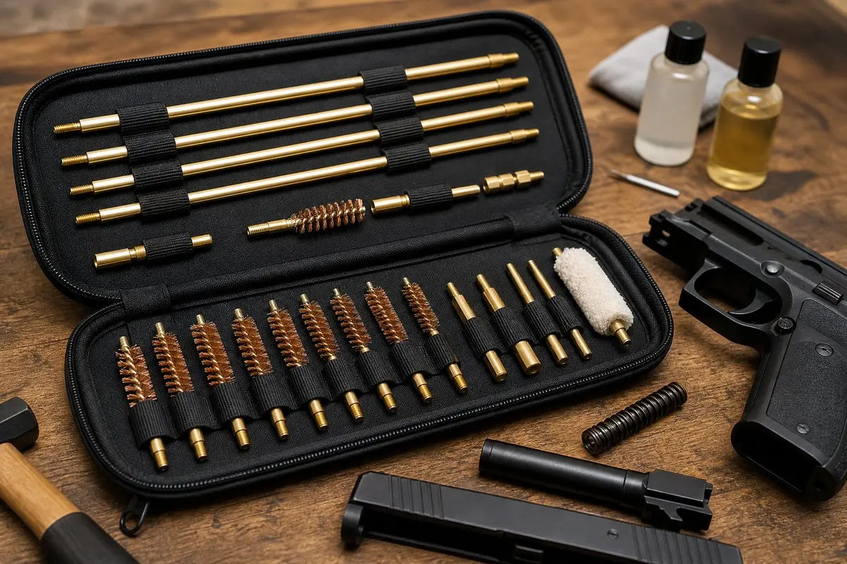 premium universal gun cleaning kit case opened on a wooden workbench