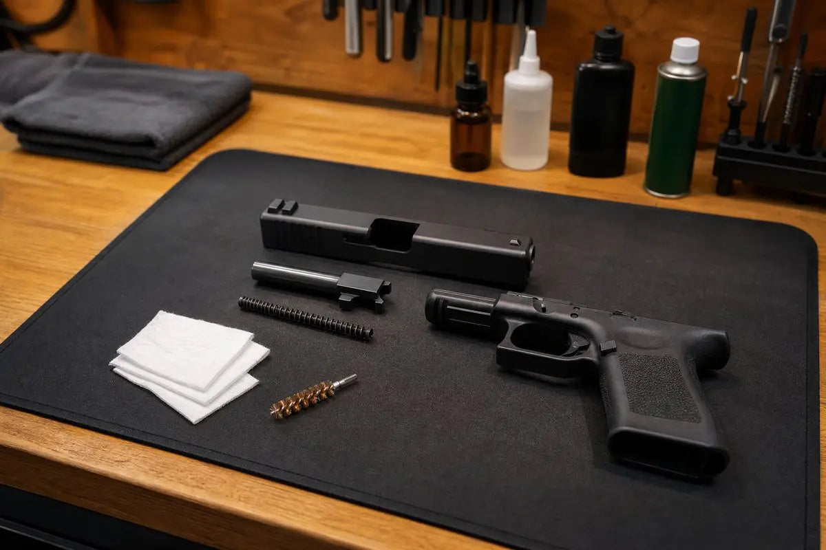 gun cleaning mat with disassembled pistol on wooden workbench