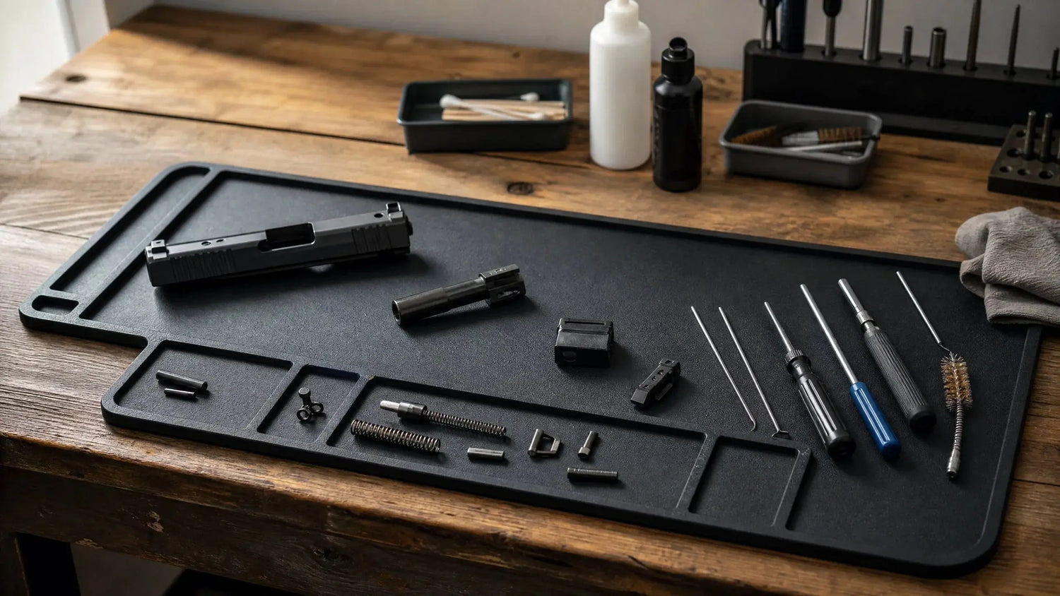 gun cleaning mat on workbench with tools and parts
