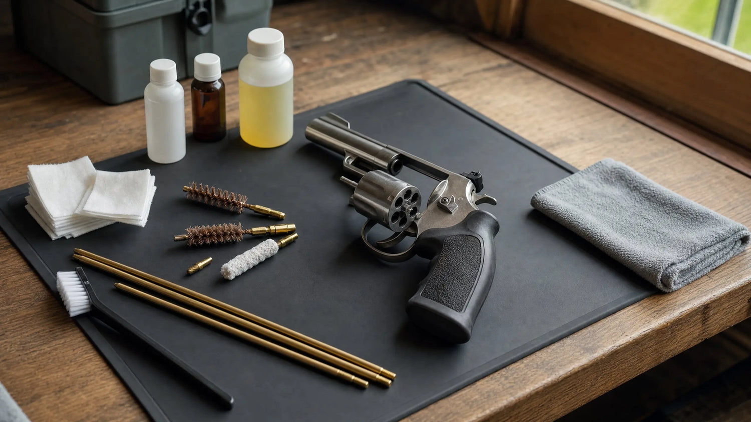 Safe bench setup showing how to clean a revolver with cylinder open