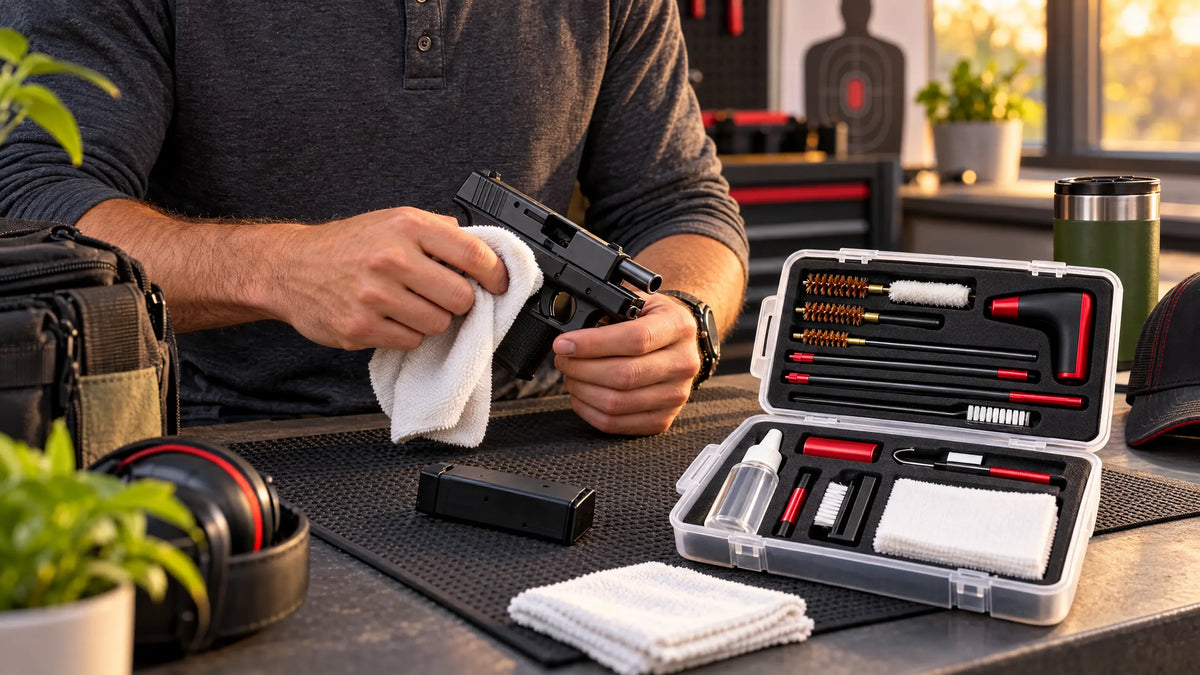 How to clean a handgun after range time with an unloaded compact handgun and a GuardTech-style compact cleaning kit on a workbench