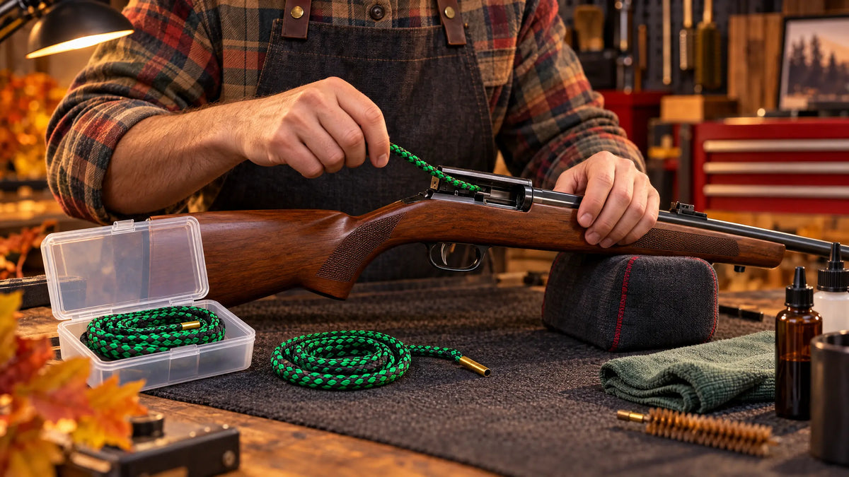 How to clean a 22 rifle with a green bore rope and an unloaded rimfire rifle on a warm home workbench