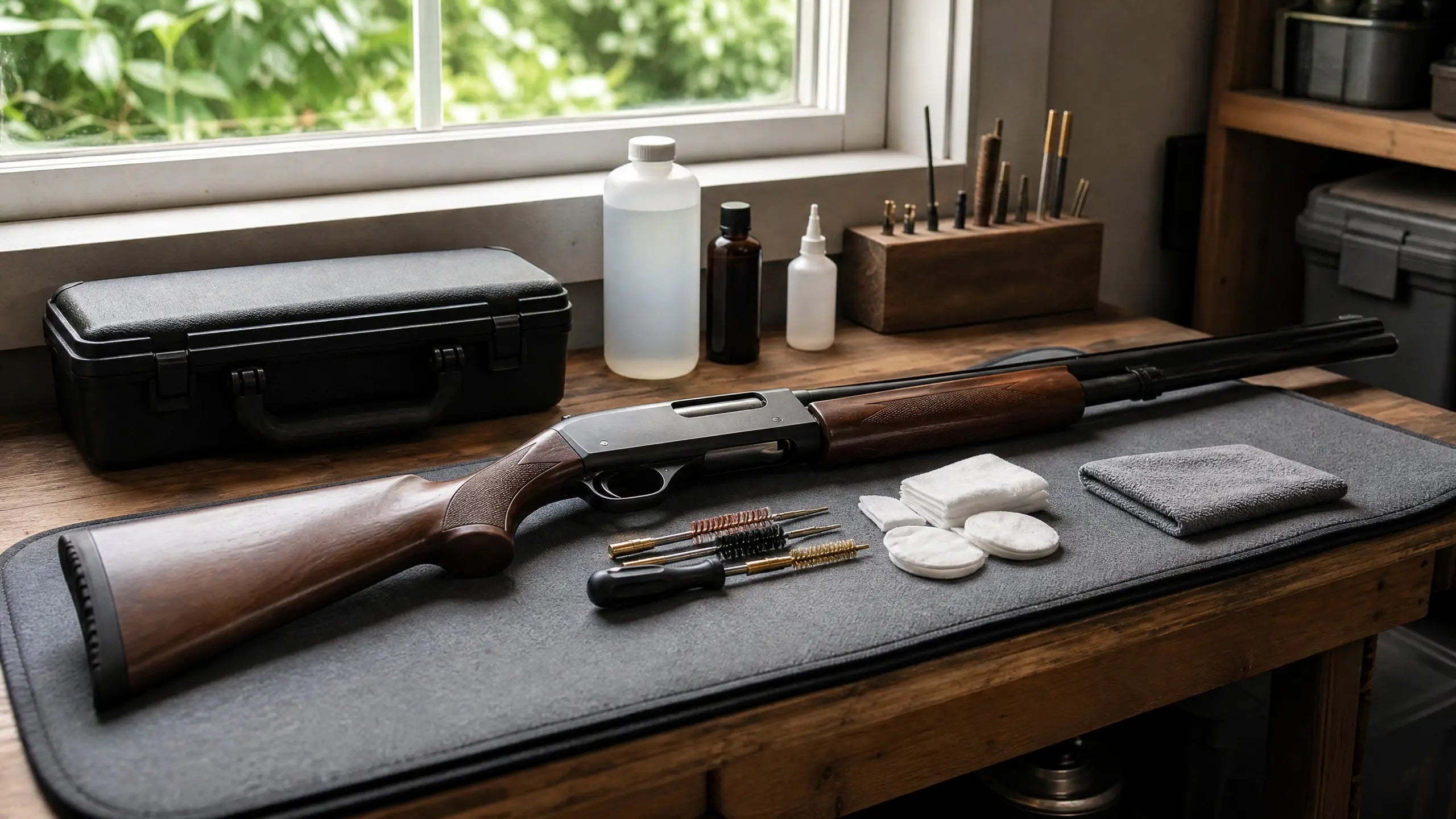 Person cleaning a shotgun on a work mat with tools laid out