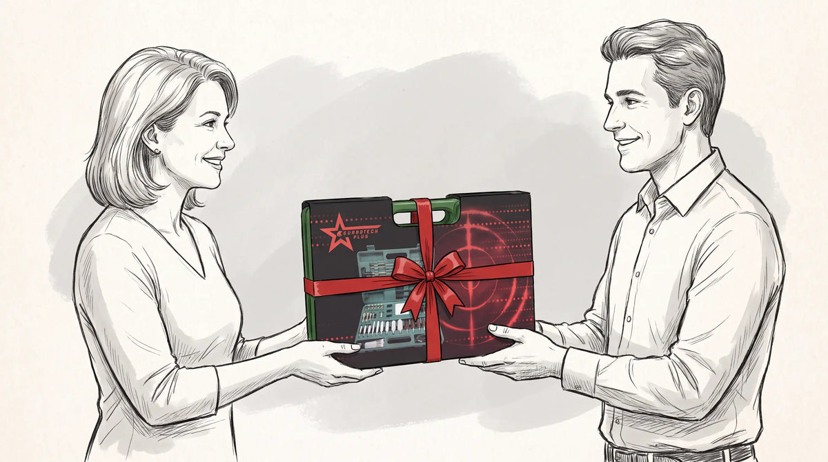 Gun cleaning kit gift sketch of a woman giving a man a GuardTech Plus cleaning kit with a red bow