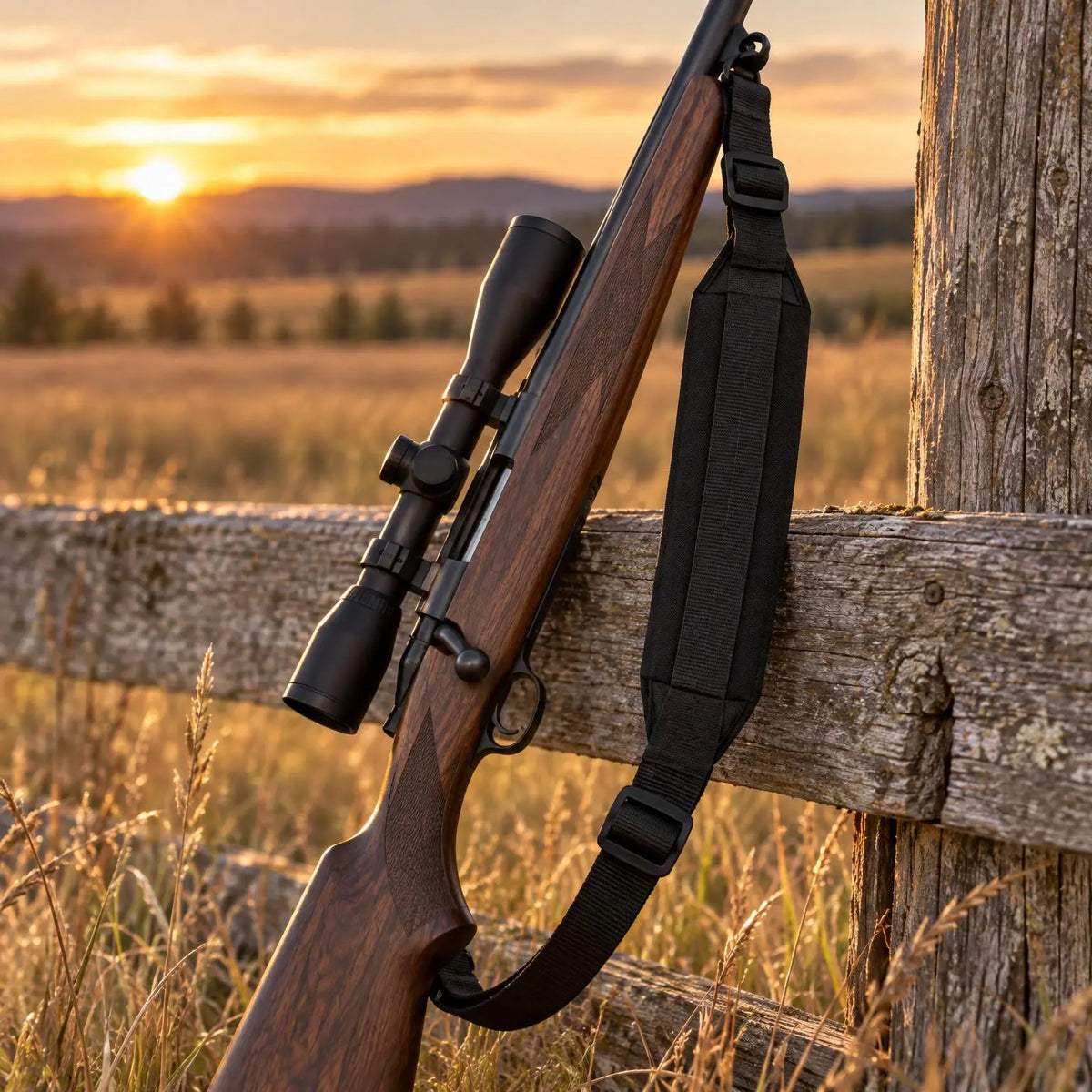 Allen Durango padded sling attached to a bolt-action rifle leaning on a fence at sunset