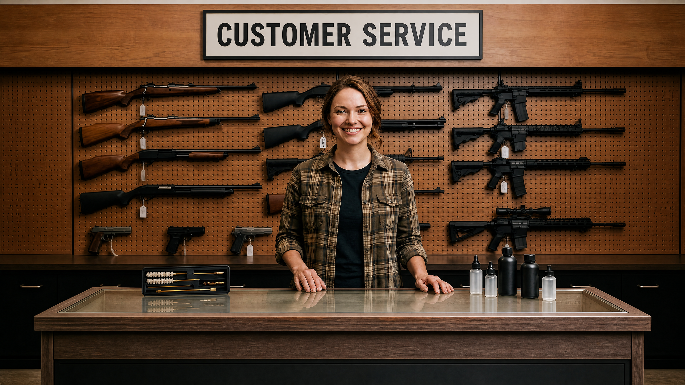 GuardTech Plus customer service counter with gun cleaning kit and firearms on display